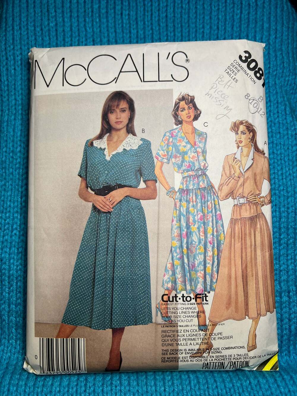 McCalls Sewing Pattern 3081 shirt dress drop waist 1980s size 8 10
